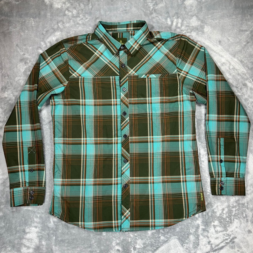 Prana Breathe Mens Large Plaid Button Down Shirt Teal Green Long Sleeve RN124977